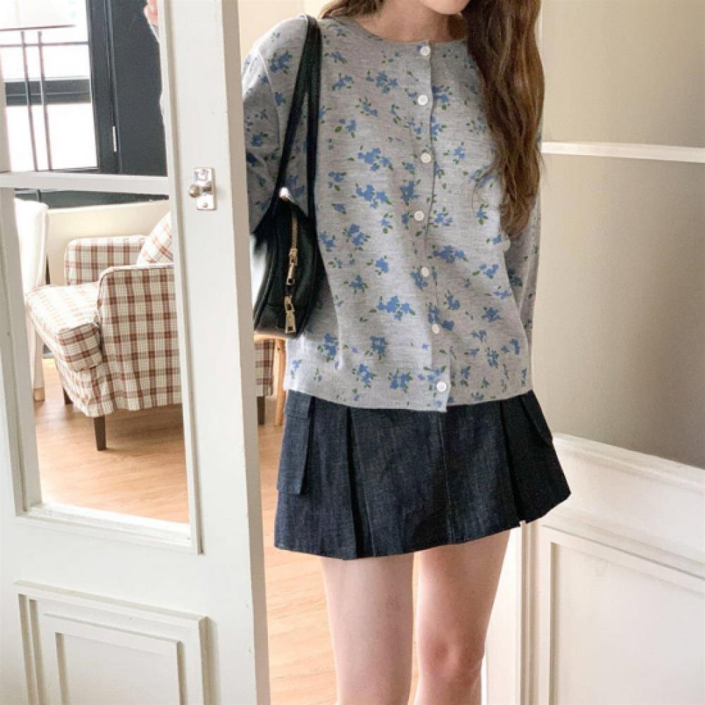 New Arrivals Open Run Women Floral Pattern Round Neck Long Sleeve Knit Cardigan