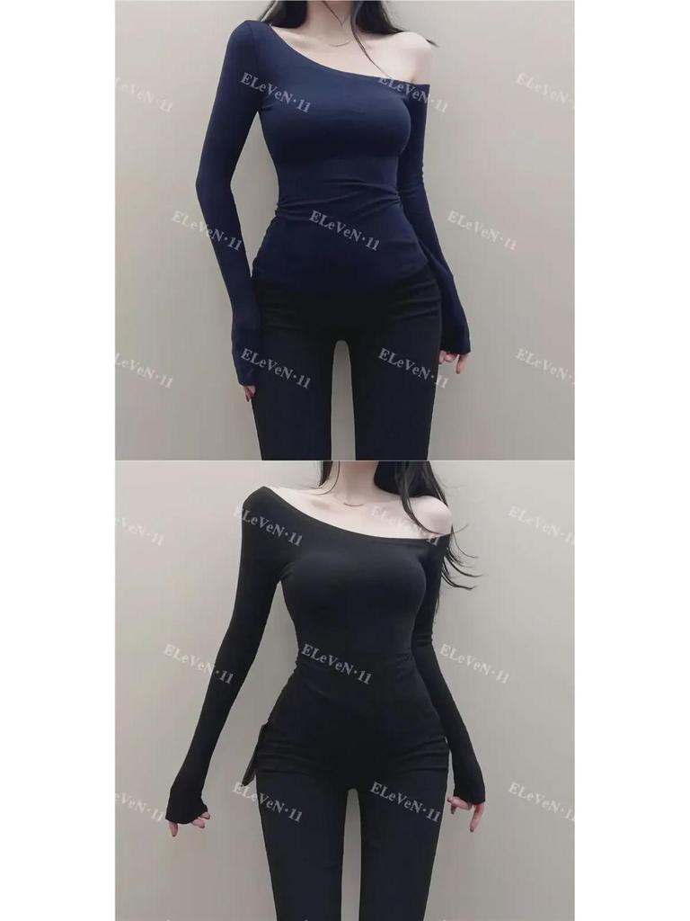 Корейский стиль Сексуальная футболка с открытыми плечами Slim Fit с длинным рукавом для осени/зимы