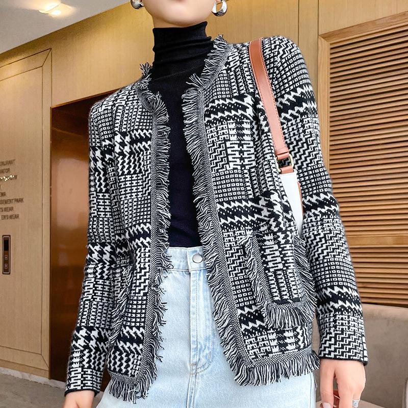 Вязаный кардиган женский весна и осень новая модная клетчатая расцветка в тон свободное женское пальто