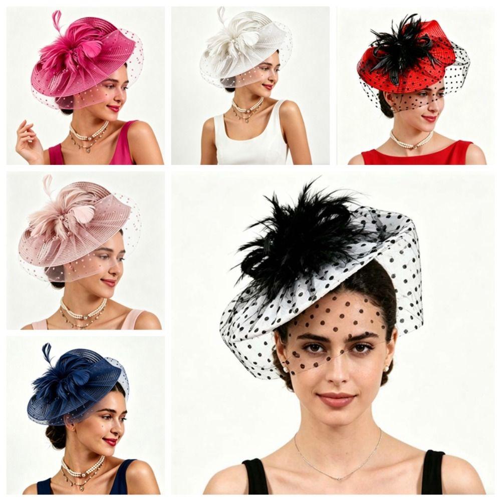 Шляпка-fascinator в горошек с сеткой, винтажный дизайн, головной убор для Дерби, разноцветный, кружевной цветок, аксессуар для волос для вечеринки, скачки