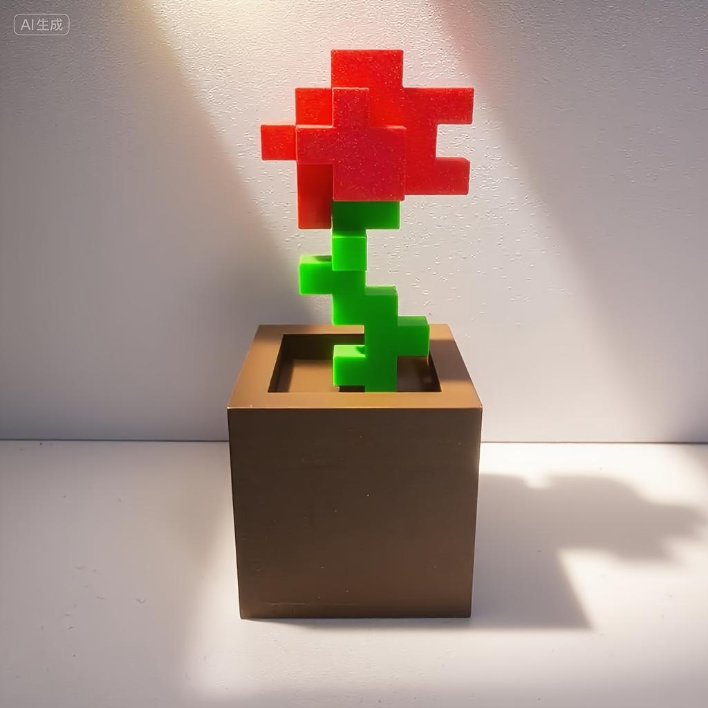 1 Piece Pixel Rose Flower Ornament, 3D Printed Unique Flower Decoration, Plastic Flower Item Suitable for Bedside Table, Desktop, Office