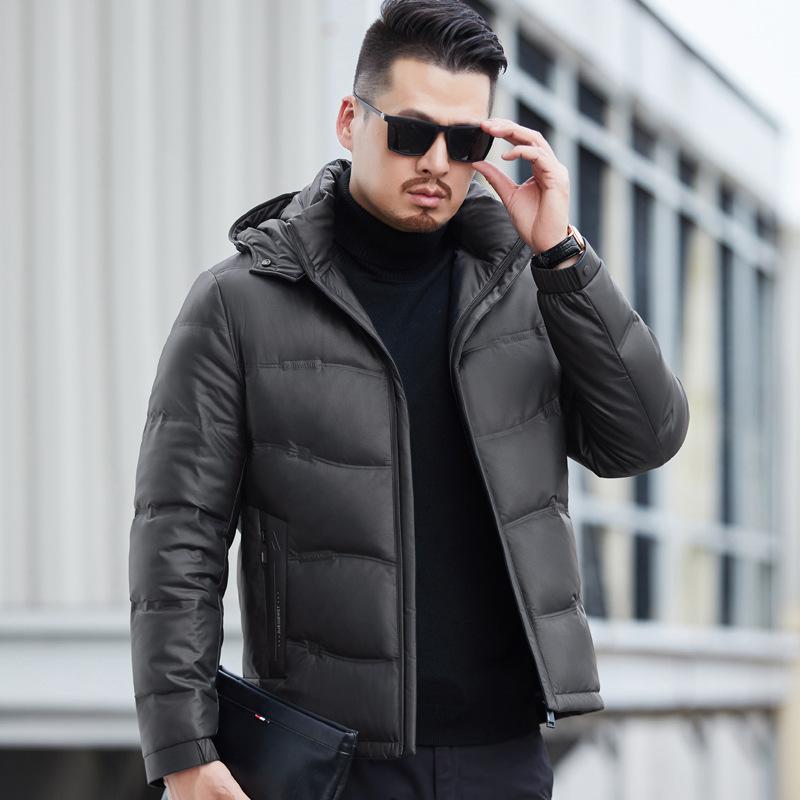 Кожаная куртка-пуховик с капюшоном, мужская зимняя утолщенная белая кожаная куртка на утином пуху, термокуртка