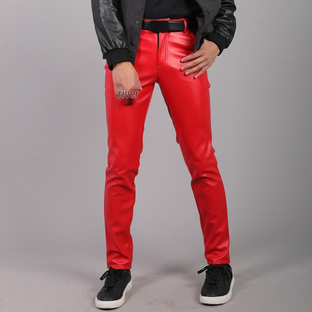 Men's Korean Style Slim Fit Motorcycle Leather Pants - Fleece-Lined, Skinny, Elastic, Spring/Autumn Trend