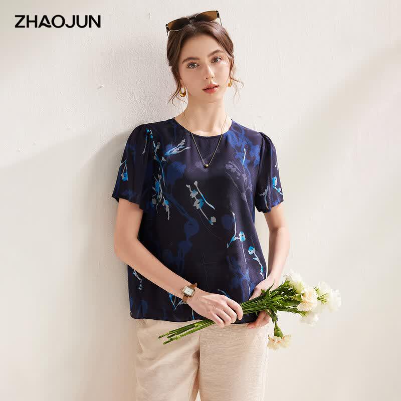 Zhaojun Women's Printed Mulberry Silk Short Sleeve Blouse