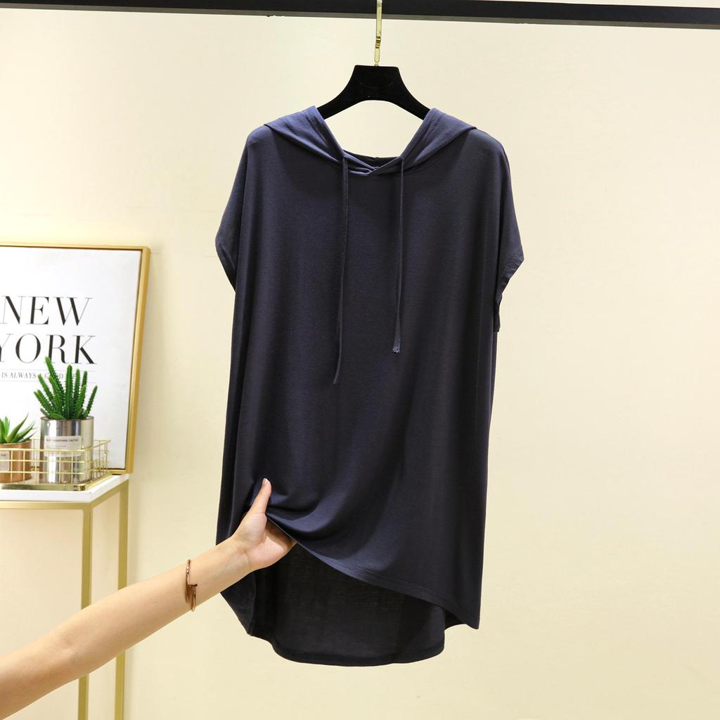 Женская футболка с капюшоном из модала с коротким рукавом для защиты от солнца - Весна/Лето, Большой размер, Слим-фит, Повседневный свободный крой
