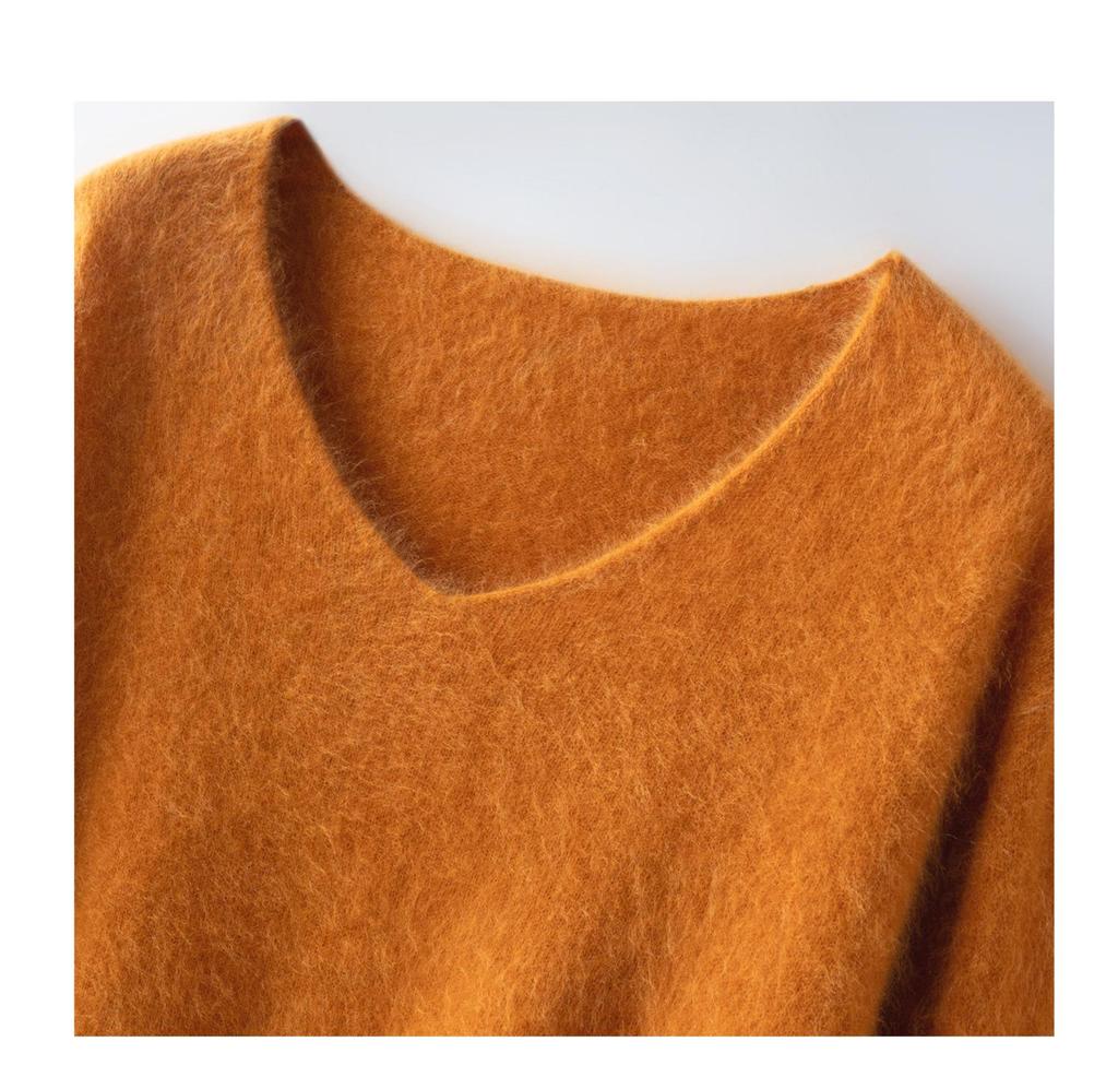 Women's Brushed Wool V-Neck Long-Sleeve Sweater: Autumn/Winter Loose Slimming Knitted Pullover Top