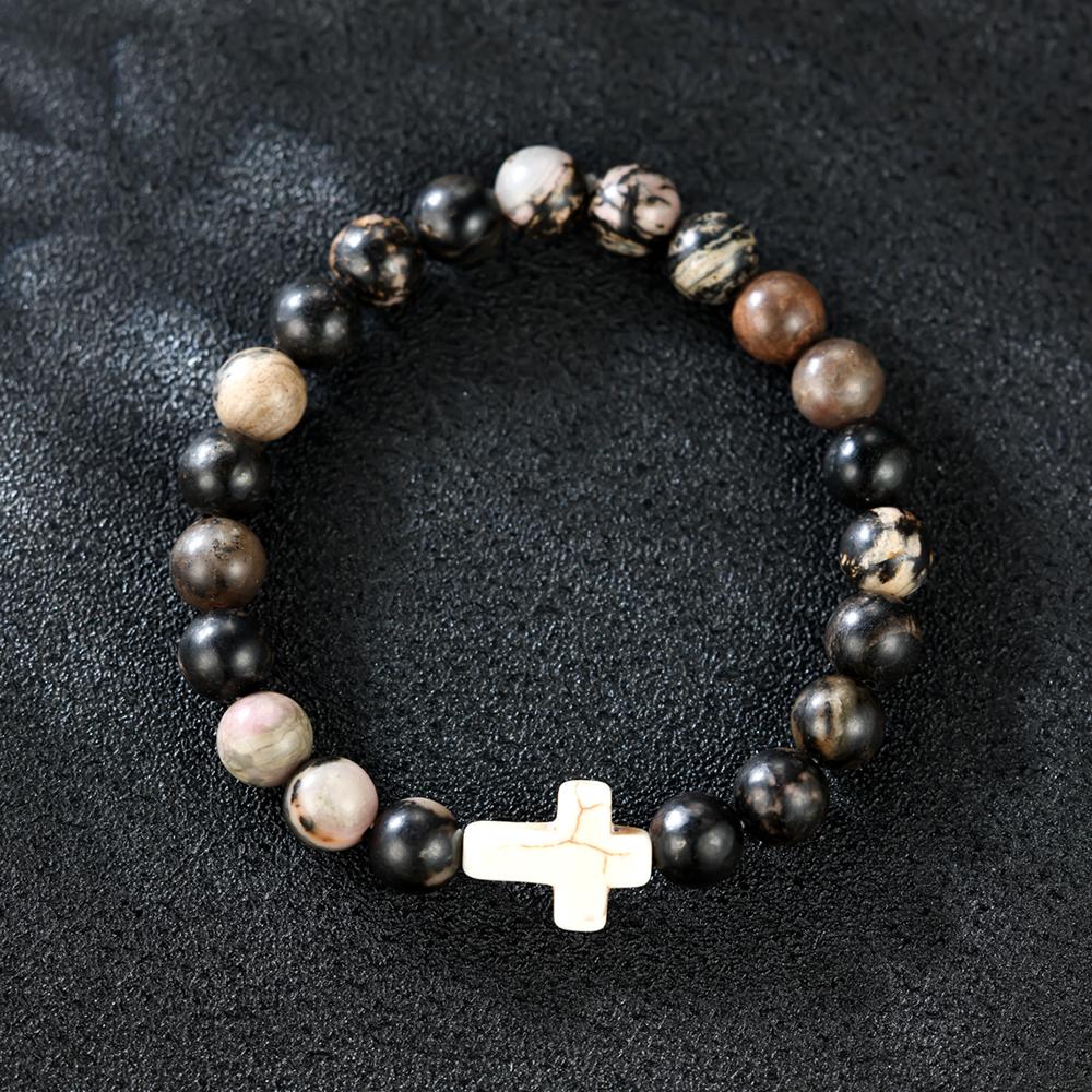 Религиозный крестовый браслет для женщин и мужчин, натуральный камень, эластичный браслет из бисера, молитвенный браслет с карточкой