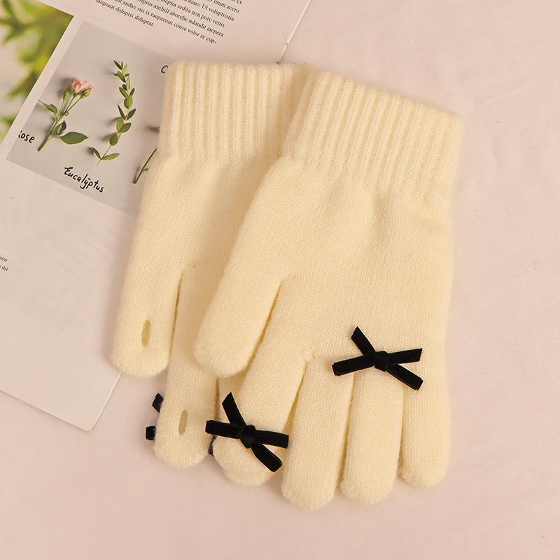 New winter products five fingers solid color warm knitted gloves women's bow student cold-proof wool gloves