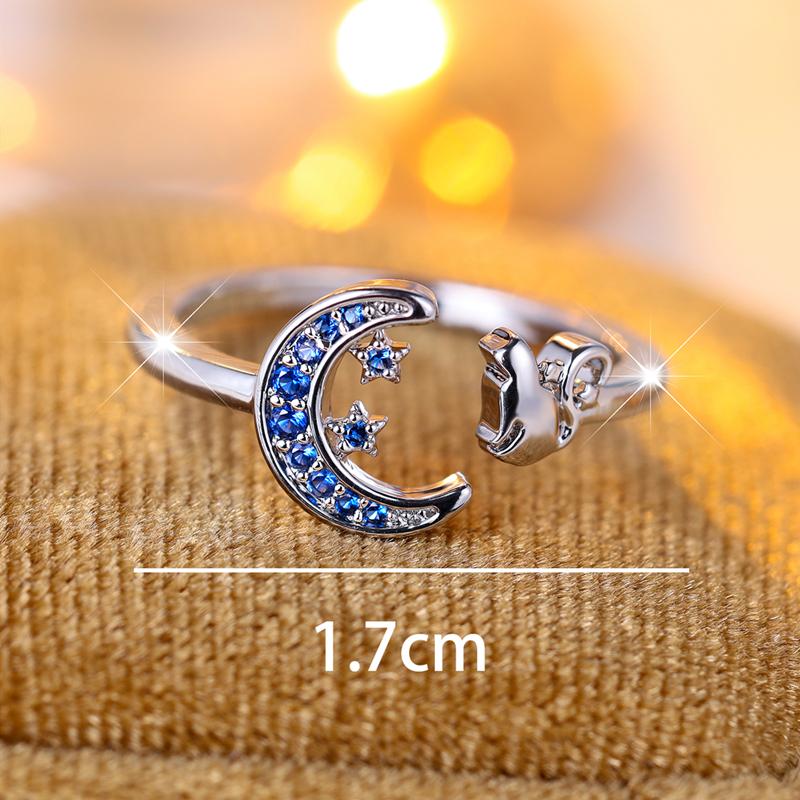 Простые серебряные кольца с луной и звездами для женщин и девочек, модные регулируемые украшения с голубым цирконием и кошкой