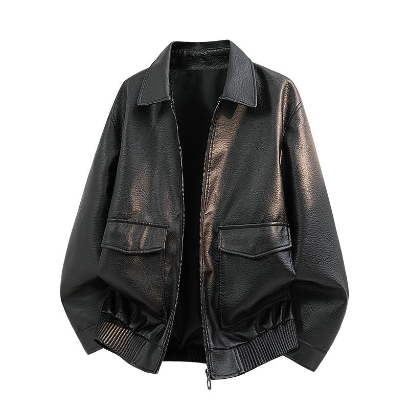 New PU leather jacket for men, American vintage workwear style, tough relaxed style, old money street style, minimalist