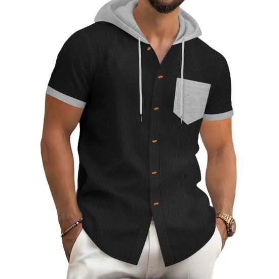 Мужская летняя футболка с капюшоном, короткий рукав, застежка на пуговицы, нагрудный карман, вафельный цветной блок, повседневная футболка с капюшоном для спортзала, уличная одежда