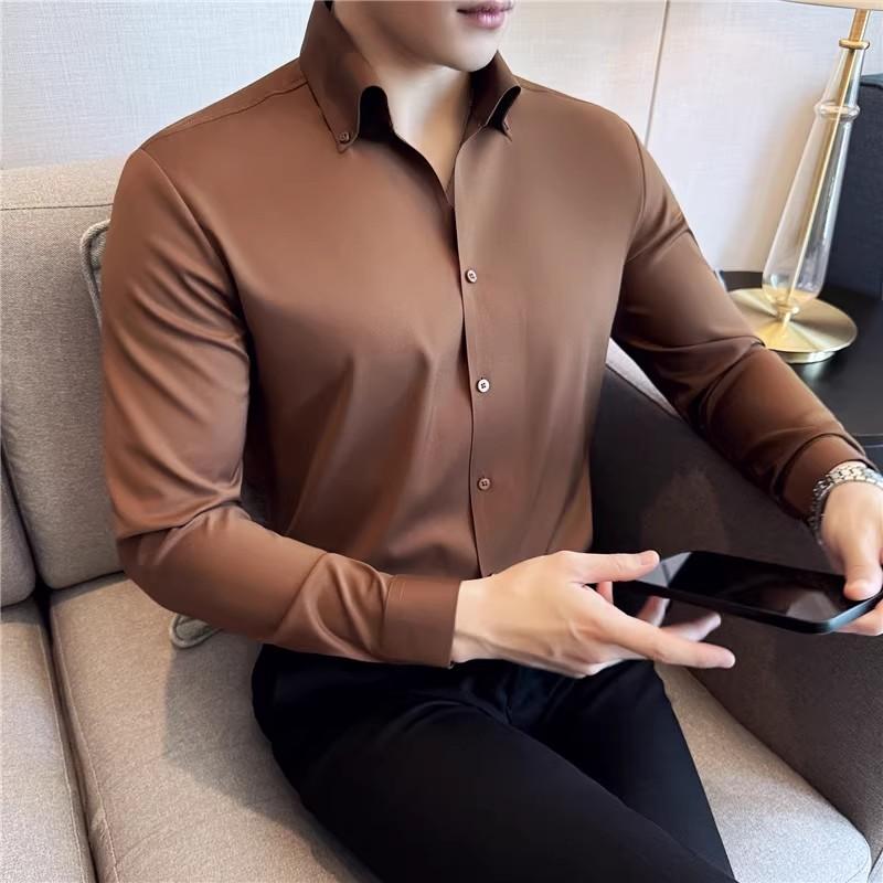 Men's Turn Down Collar Shirt Long Sleeved Autumn Solid Color Casual Slim Fit Shirt Korean Fashion Mens Clothing