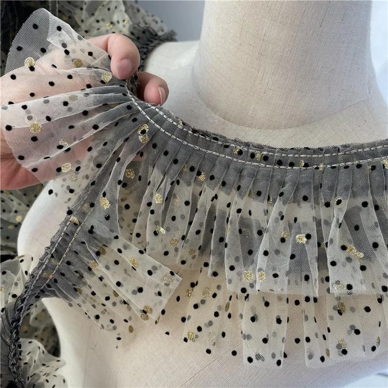 3 метра/партия, 8 см в ширину, бежевая сетчатая ткань в черный горошек/бронзовые золотые горошек, складки, кружевная отделка, аксессуары для платьев для домашних животных/кукол