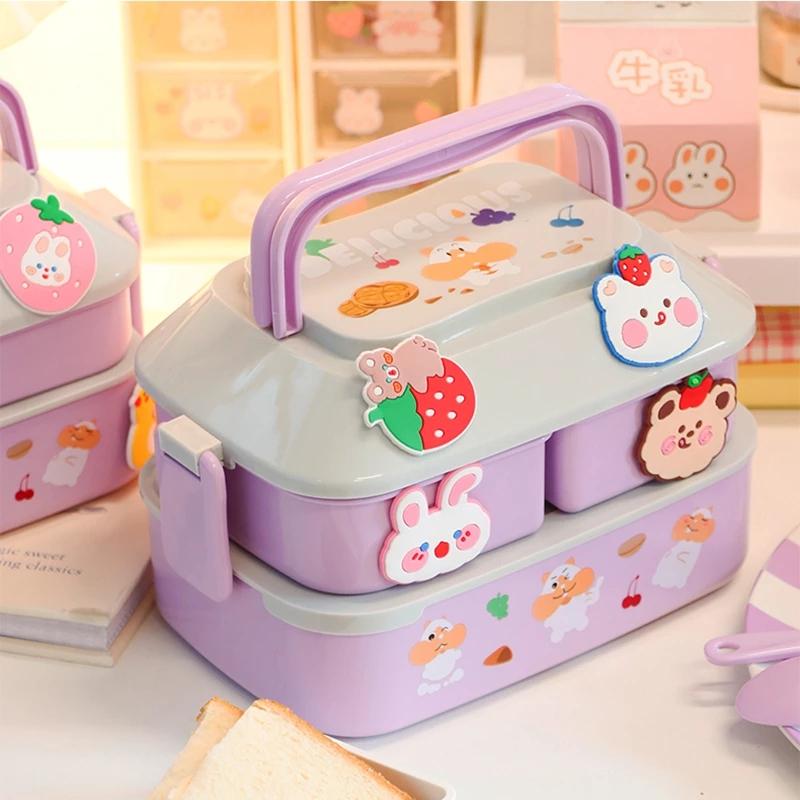 Портативный ланч-бокс Kawaii для девочек, школьников, пластиковая коробка для пикника, бенто, коробка для еды в микроволновой печи с отделениями, контейнеры для хранения