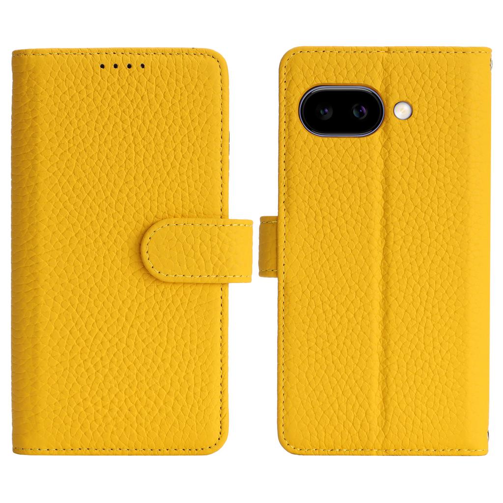 For Google Pixel 9a Stand Case Litchi Texture Genuine Cow Leather Wallet Phone Cover RFID Blocking