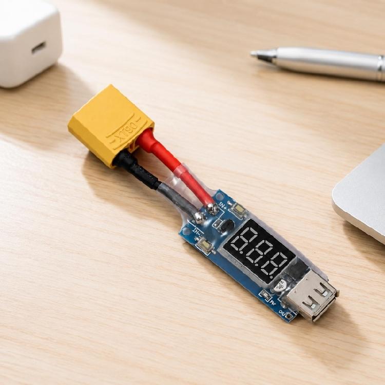 5V, 2A USB Power Cable with XT90 Male Battery Input, Digital Input Readout, and USB-A Female Output for Direct Battery Power Conversion