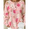 Henley Collar Button-Front Long Sleeve Top, Waffle Fabric, All-Over Print Long Sleeve T-Shirt