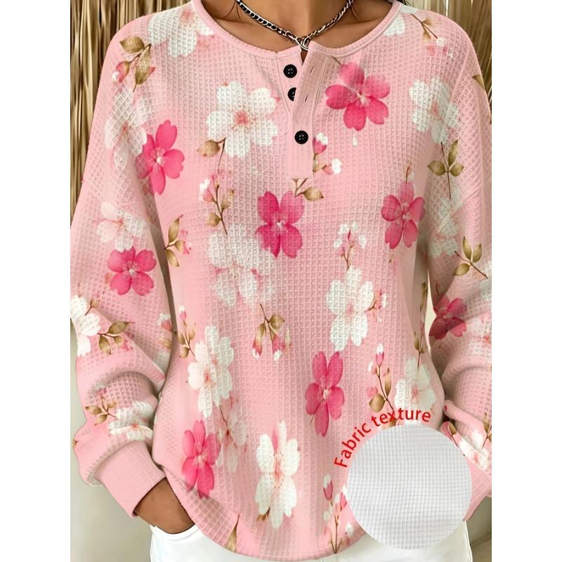 Henley Collar Button-Front Long Sleeve Top, Waffle Fabric, All-Over Print Long Sleeve T-Shirt