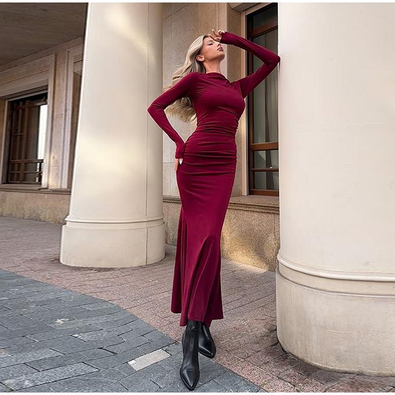 Женское модное высококачественное облегающее платье с длинными рукавами и круглым вырезом на весну-осень 2025 года, женские уличные вечерние длинные платья
