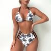 Женский купальник с накладкой на грудь, двухсекционный купальник пуш-ап, топ на бретелях и трусики, облегающий купальник с принтом