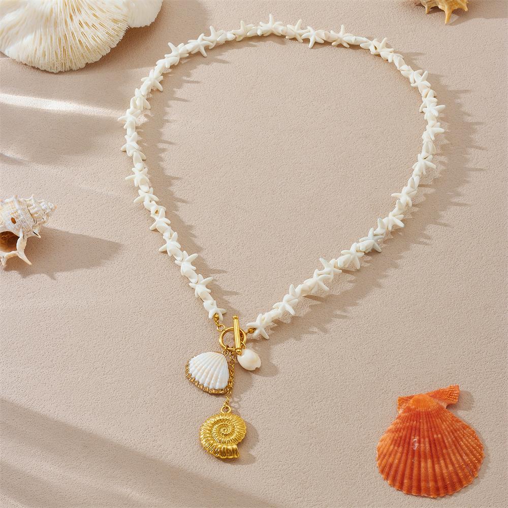 DIEYURO 316L Stainless Steel Golden Conch Pendant Necklace Lady New Beach Starfish Scallop Neck Chain Vacation Neck Jewelry