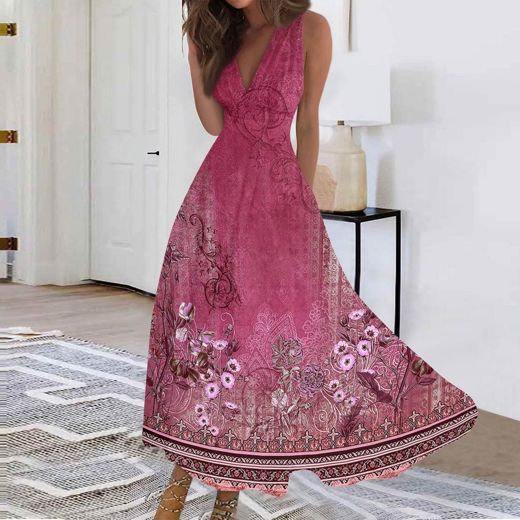 Женские модные повседневные свободные платья с V-образным вырезом без рукавов с принтом