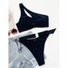 Women Swimsuit Female Bikini High Waisted Swimwear Black One Shoulder Bikini Set Swimming Suit Bathing Suits Beachwear EMA