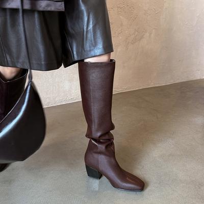 6 см черные модные, но ботфорты до колена, британский стиль, универсальные, квадратный носок, толстый каблук, на одной педали, тонкие рыцарские сапоги