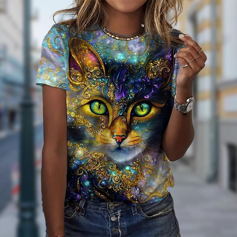 Women Summer T Shirt  Print Gorgeous Cat Short Sleeve Tees Casual   Printed  Tops