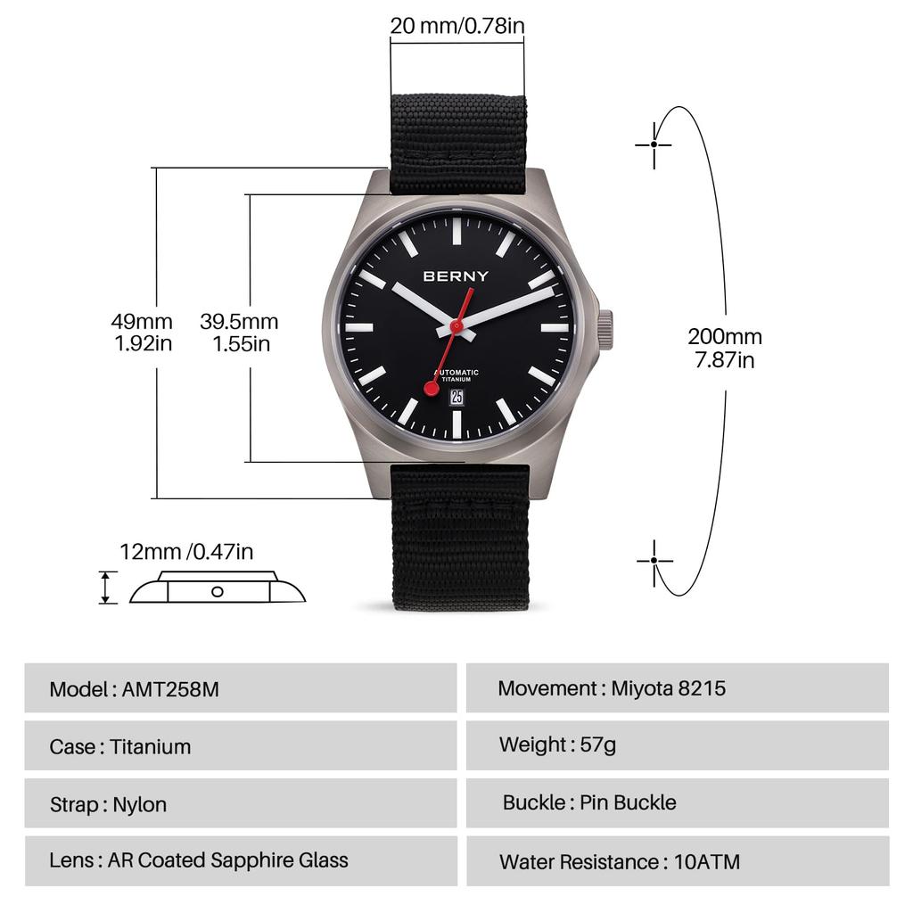 Часы BERNY Titanium, механические, автоматические, железнодорожные, водонепроницаемые, с календарем, дополненной реальностью, сапфировое стекло