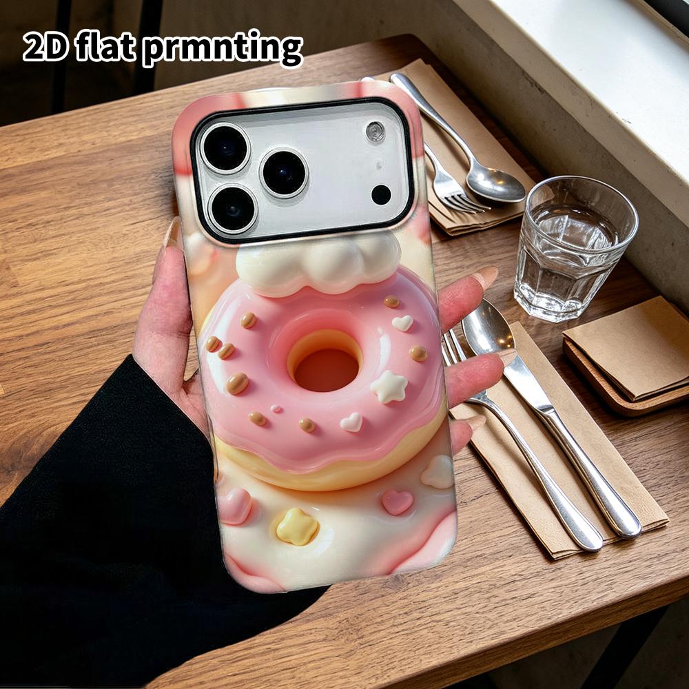 Phone Case: 2D flat design suitable for iPhone 18 17 16 15 14 13 Pro protective case, pink clouds and donuts, perfect Christmas and Halloween holiday