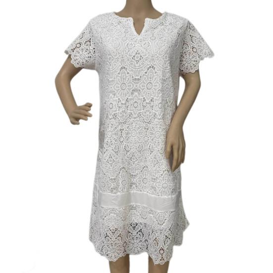 Summer Dress Hollow Lace Short Sleeve Pure Color Loose A-line Vintage Elegant Style V Neck Prom Party Dating Midi Dress