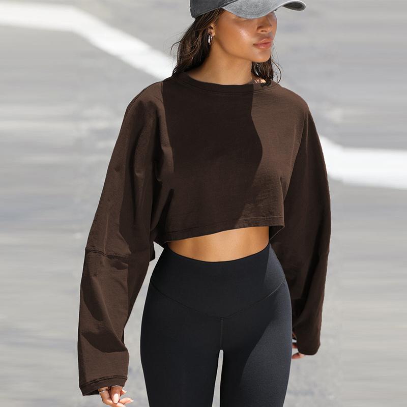 Свободный крой, круглый вырез, укороченный свитер, женская повседневная спортивная рубашка с длинным рукавом, осень-зима, однотонный короткий пуловер