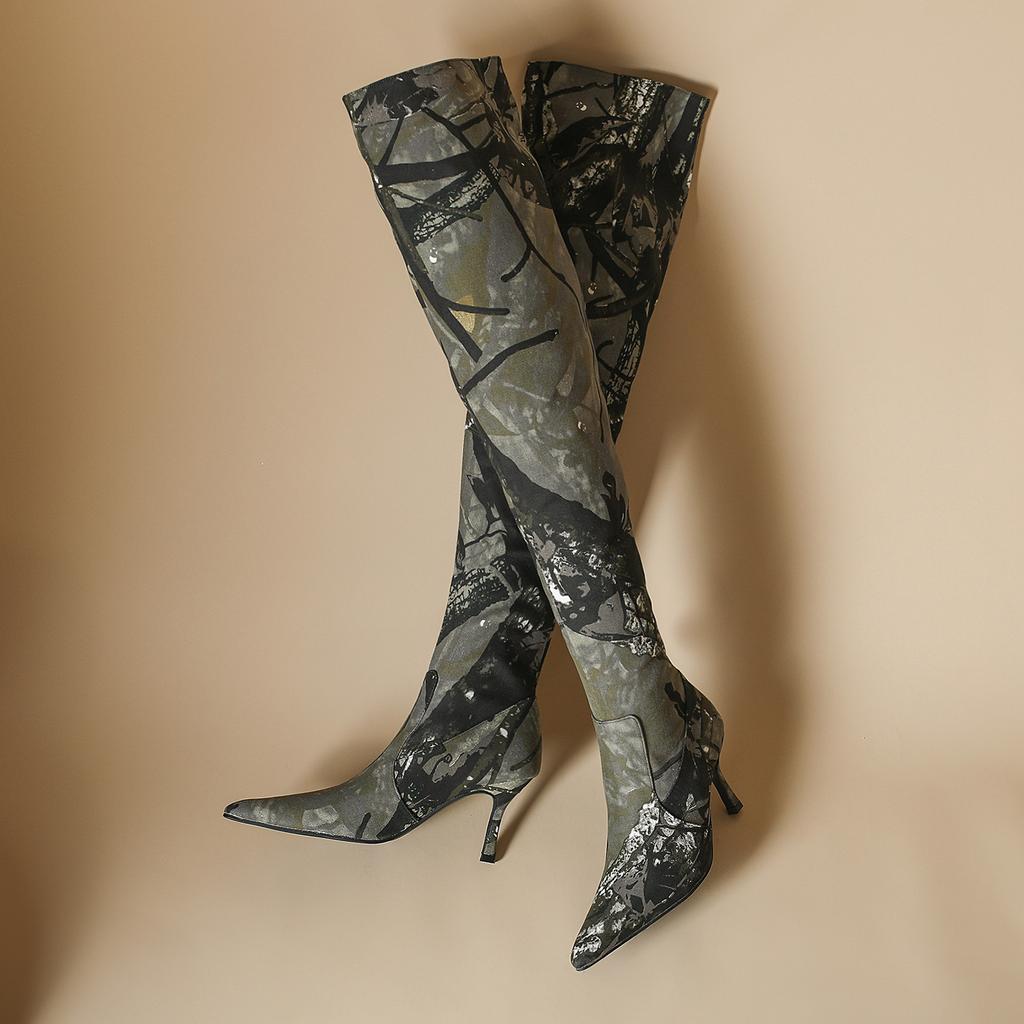 Pointed Thin Heel High Heel Boots Spice Girls Over the Knee Boots 2025 New Long Boots Niche Cowboy Boots Camouflage Stacking Boots