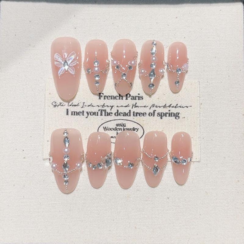 10Pcs Nude Cat Eye Short Almond Fake Nails with Glue Wearable Handmade Nail False Butterfly Diamond Design Press on Nail Tip Art