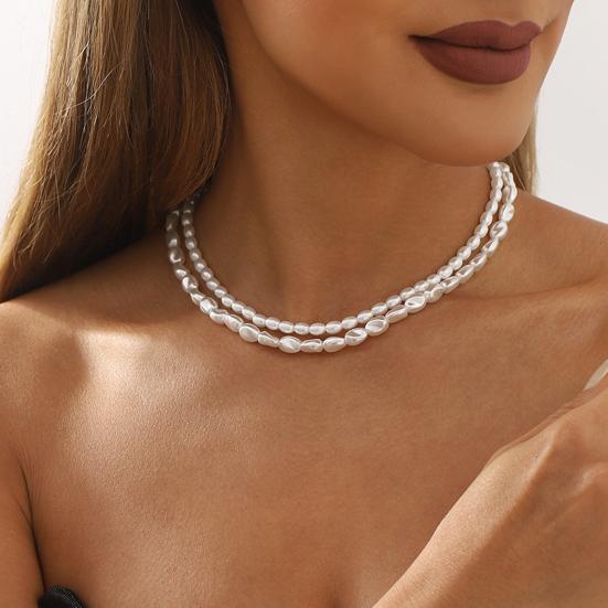 2 Pcs Women Stackable Double-layer Faux Pearl Smooth Lobster Clip Solid Color Neck Jewelry