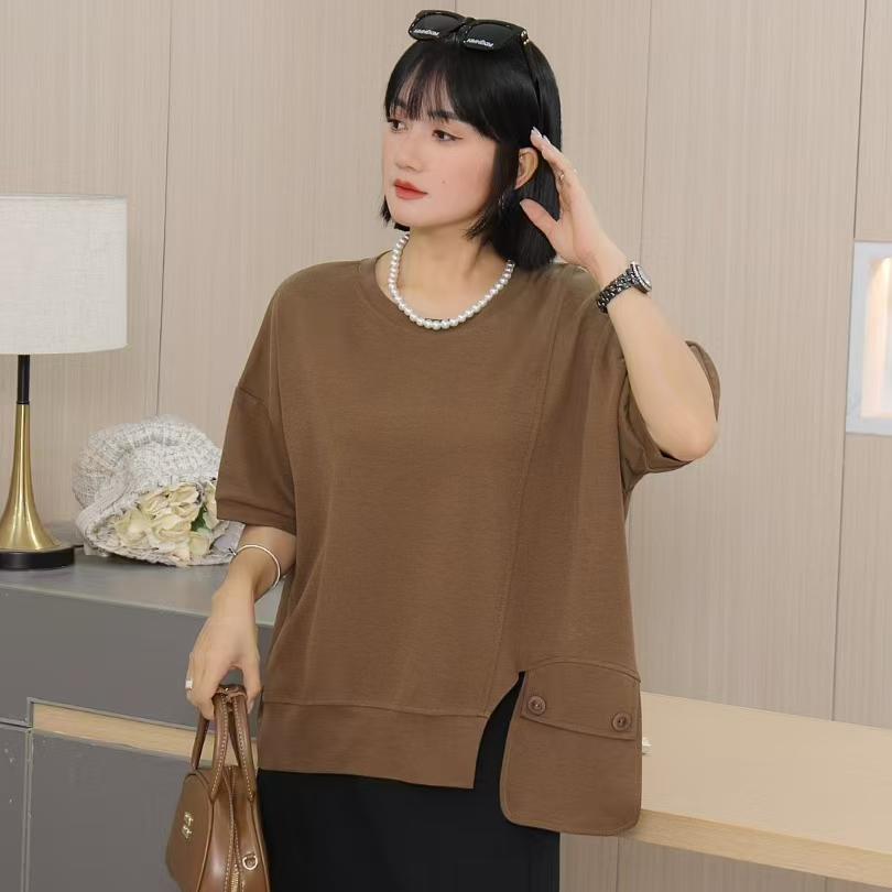 Dimanaf 2025 Plus Size Летняя однотонная белая футболка с изображением летучей мыши Женская футболка с коротким рукавом и карманами на пуговицах Свободные топы