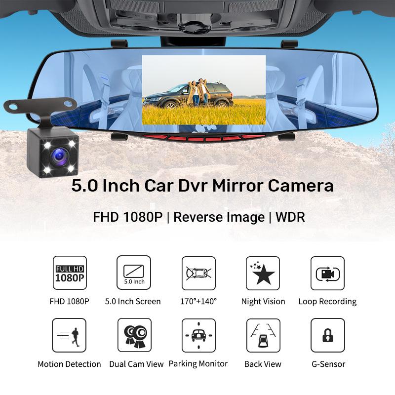 E-ACE Автомобильный видеорегистратор 5-дюймовый зеркальный фотоаппарат Full HD 1080P с двумя объективами, видеорегистратор, видеорегистратор, ночное видение, 5 светодиодных фонарей с камерой заднего вида