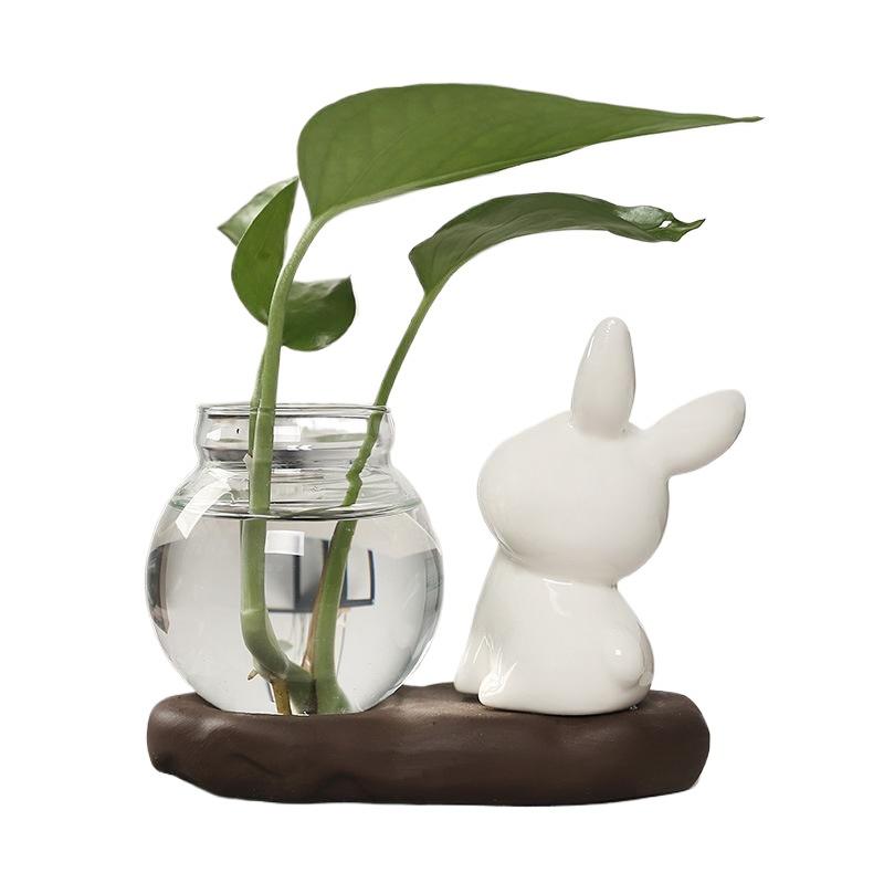 [PLUM]Cute Rabbit Hydroponic Plant Vases Transparent Glass Vase Tabletop Decoration Aquatic Flower Bottle With Wooden Base.;