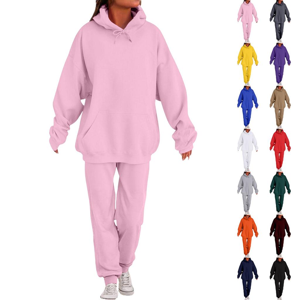 Women's Fashion Casual Solid Color Loose Hooded Sweatshirt Suit