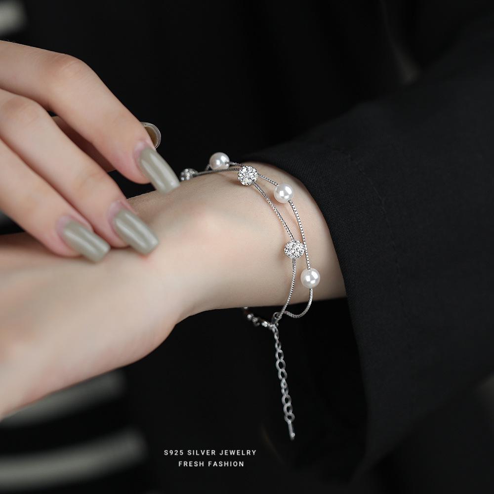 S925 Sterling Silver Double-Layered Starry Pearl Bracelet for Women - High-End, Elegant Design