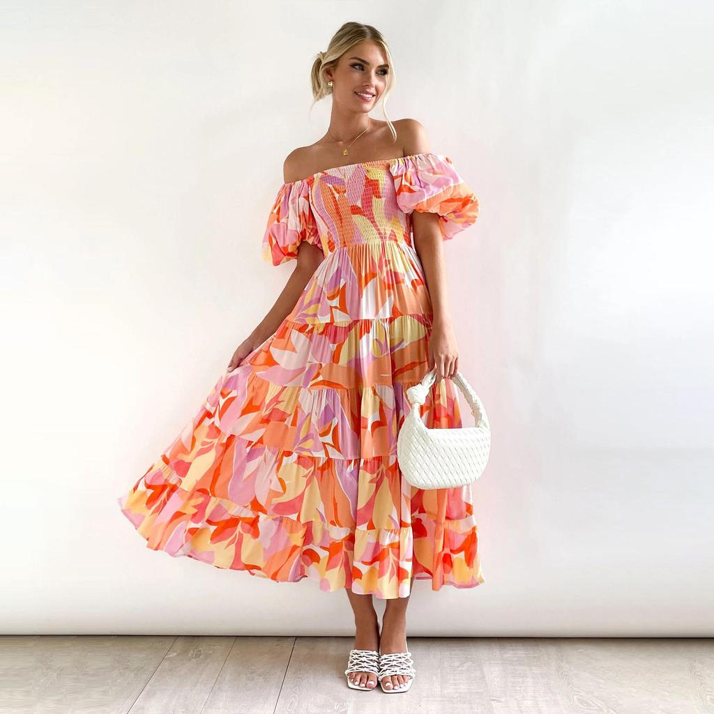 Летнее женское модное плиссированное платье без бретелек длиной до щиколотки с коротким рукавом и принтом