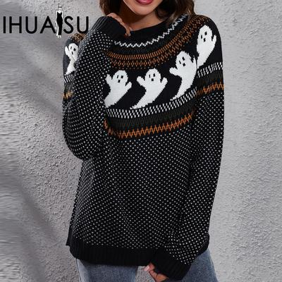 Женский осенне-зимний ретро-свитшот с длинным рукавом и узором в горошек, свободный трикотажный свитер