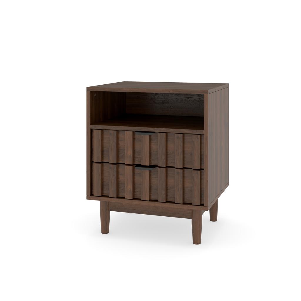 Nightstand with Fluted Drawer Fronts, Side Table with 2 Drawers & Open Shelf, Solid Wood Feet, Construction Wood Carcass, 48×40×60 cm, Walnut Brown