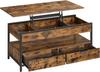Coffee Table, Living Room Table, with Drawers, Hidden Compartments and an Open Shelf, Rustic Brown and Ink Black