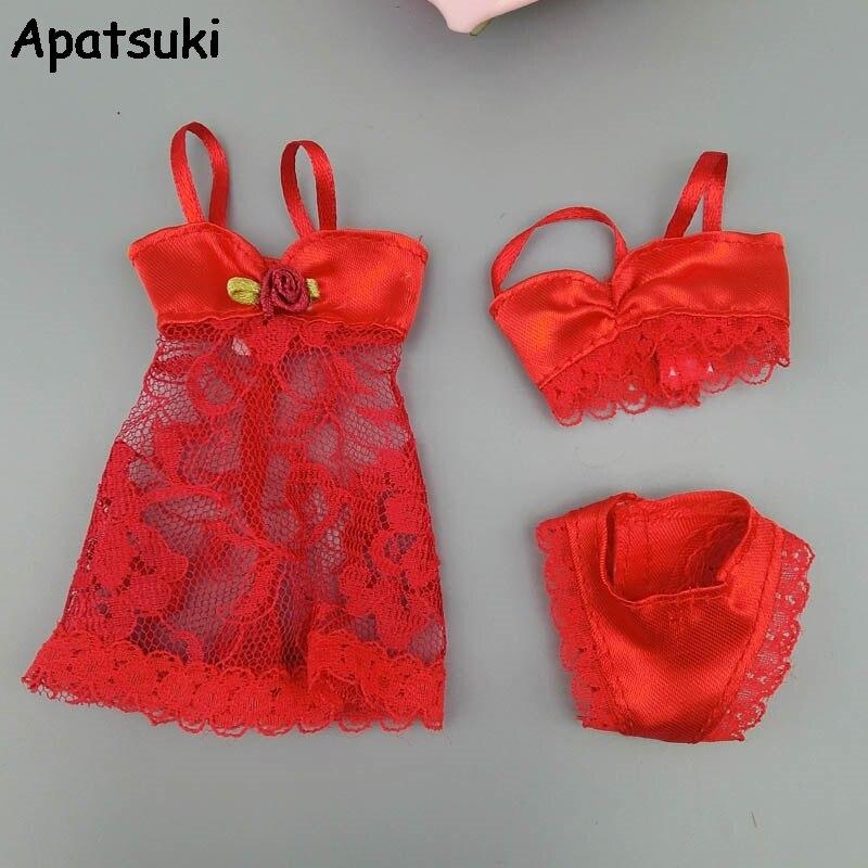 Сексуальная красная модная одежда для куклы Барби пижама нижнее белье ночное белье кружевное ночное платье + бюстгальтер + нижнее белье одежда