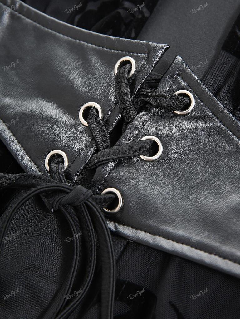 Rosegal Plus Size Rose Flowers Flocking Mesh Lace-up Grommets Lace Trim Asymmetrical Tank Top