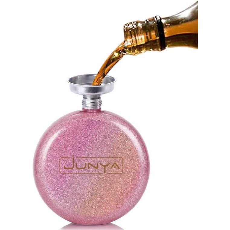 Cute Liquor Flask for Women, Junya 304 Stainless Steel,Pretty Glitter Coating Whiskey Flasks,Shining Rhinestone Cap,Portable Wine Flask for Drink Bar