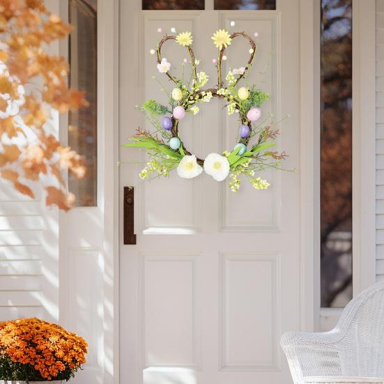 Пасхальный венок в форме маленького кролика, плетеный из ротанга, с пастельными яйцами и цветами для входной двери, для дома, для окна, на стену, весенний декор