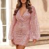 Women's Sexy Sequin Bodycon Dress Sheer Long Sleeve Deep V Neck Mini Dress Sparkly Evening Party Dress for Night Clubs